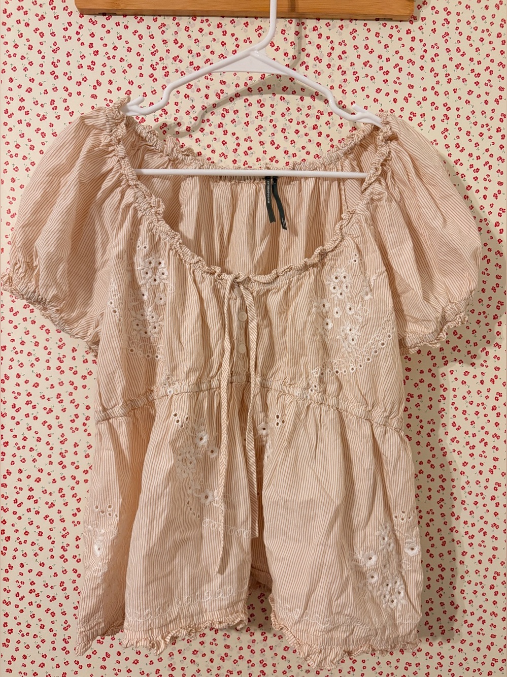 Anthropologie Blush Eyelet Puff-Sleeve Peplum Top